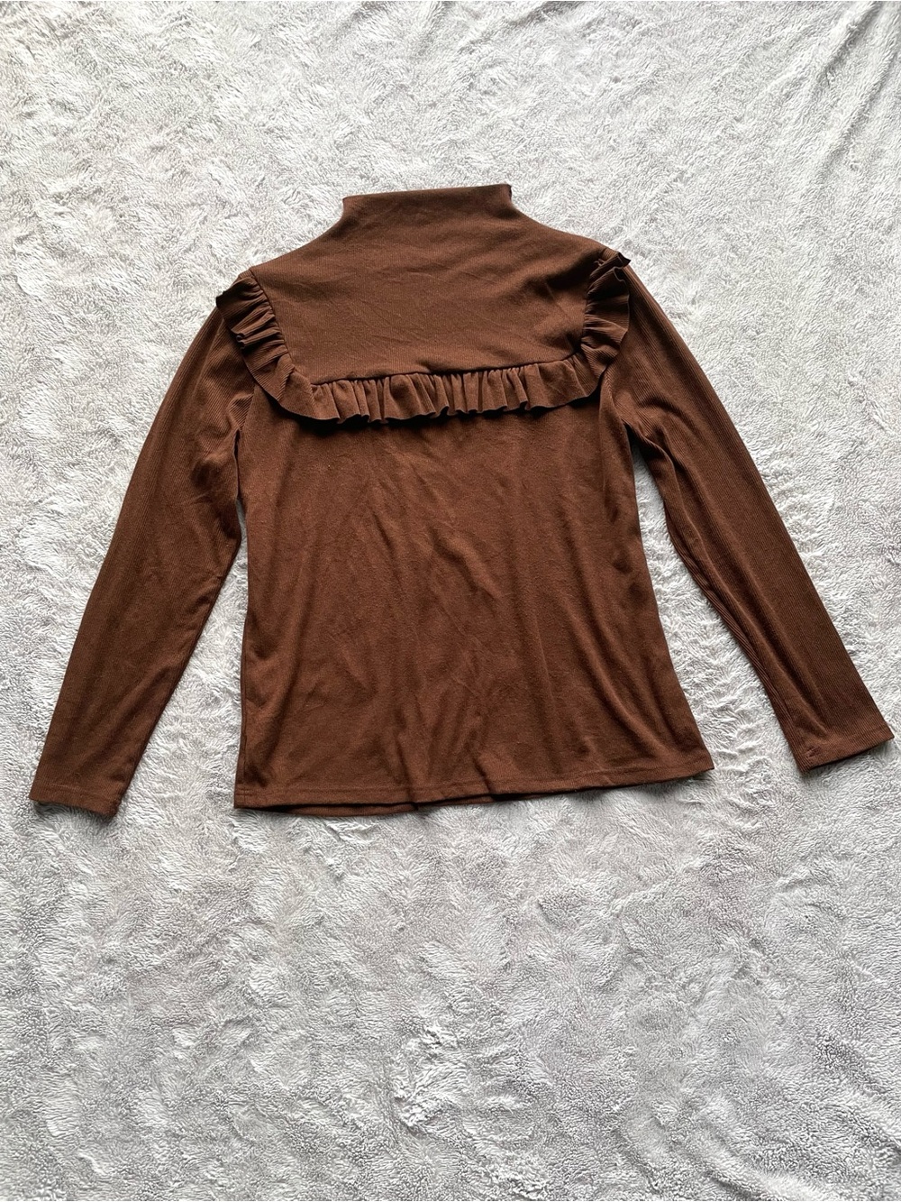Brown Ruffle Mock Neck Long-Sleeve Top